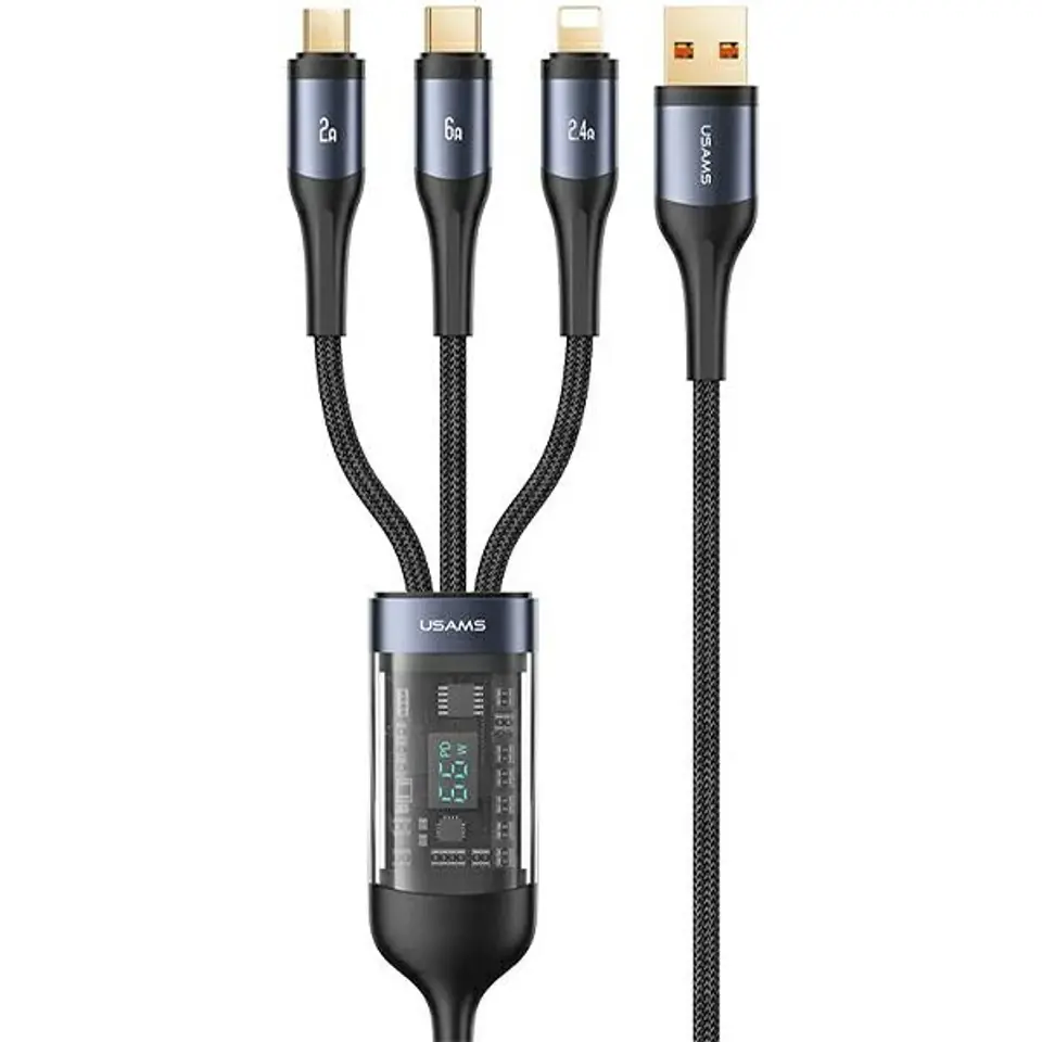 ⁨USAMS Kabel pleciony U83 3w1 66W 1,2m Digital Display PD Fast Charge (lightning/microUSB/USB-C) czarny/black SJ582USB01 (US-SJ582)⁩ w sklepie Wasserman.eu