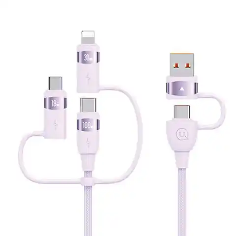 ⁨USAMS Kabel U85 2xUSB-C/USB/Micro-USB/ Lightning 6w1 1,2m 100W PD Fast Charge fioletowy/purple SJ645USB02 (US-SJ645)⁩ w sklepie Wasserman.eu