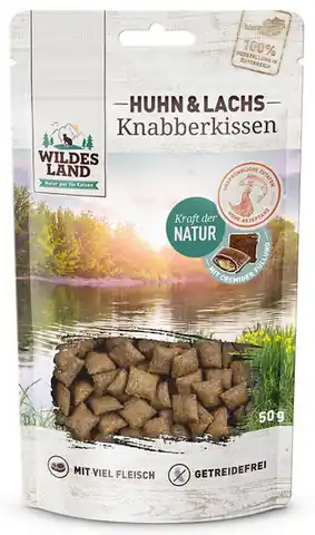 ⁨Wildes Land Cat Knabberkissen Huhn & Lachs 50g⁩ w sklepie Wasserman.eu