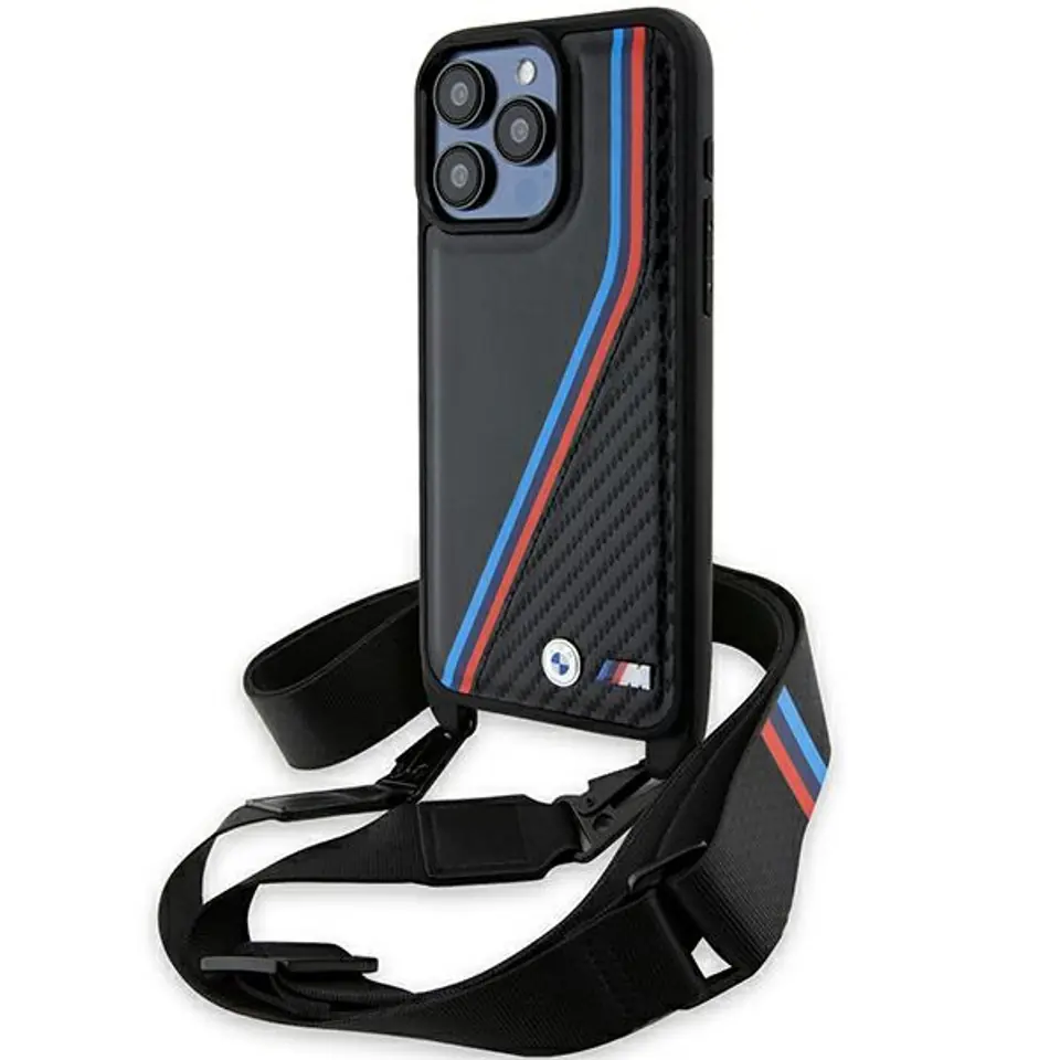 ⁨BMW BMHCP15X23PSVTK iPhone 15 Pro Max 6.7" czarny/black hardcase M Edition Carbon Tricolor Lines & Strap⁩ w sklepie Wasserman.eu