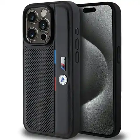 ⁨BMW BMHCP15L23PUPVK iPhone 15 Pro 6.1" czarny/black hardcase Perforated Tricolor Line⁩ w sklepie Wasserman.eu