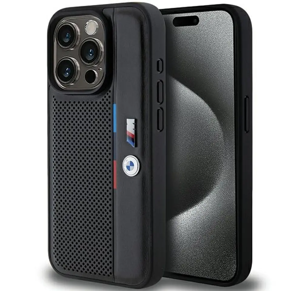 ⁨BMW BMHCP15L23PUPVK iPhone 15 Pro 6.1" czarny/black hardcase Perforated Tricolor Line⁩ w sklepie Wasserman.eu