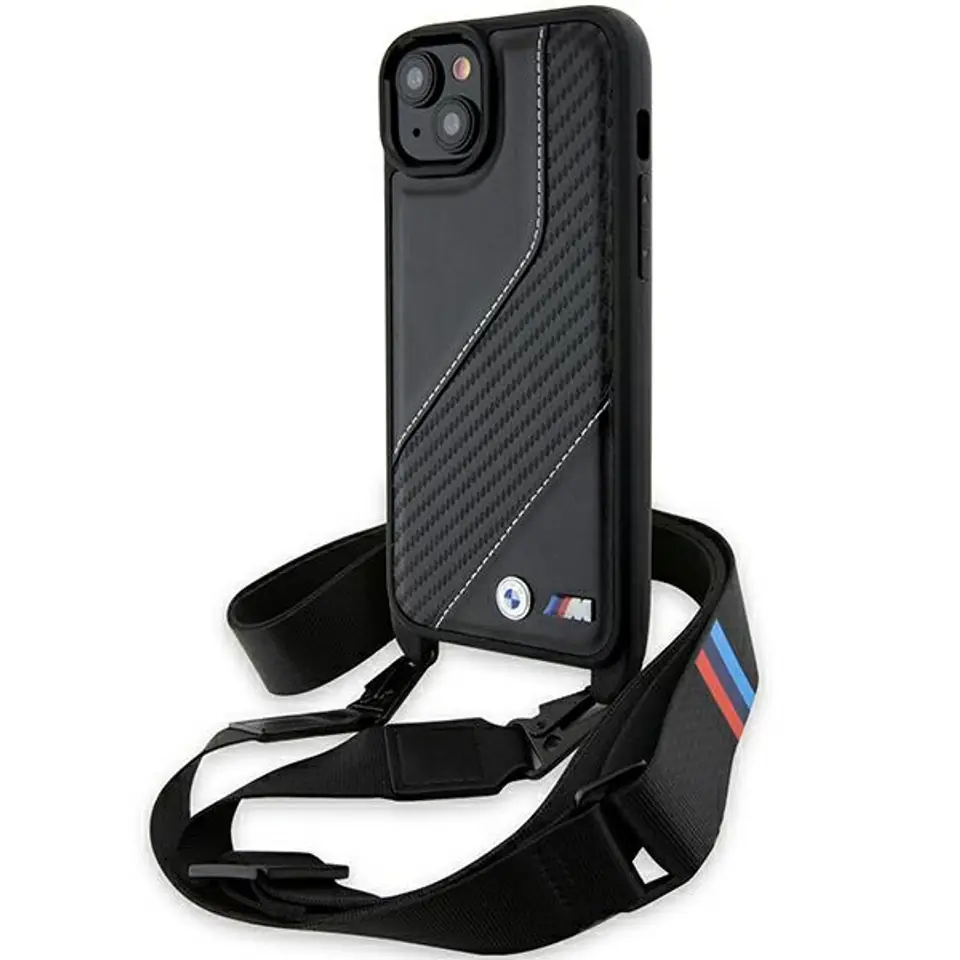 ⁨BMW BMHCP15S23PSCCK iPhone 15 / 14 / 13 czarny/black hardcase M Edition Carbon Stripe & Strap⁩ w sklepie Wasserman.eu