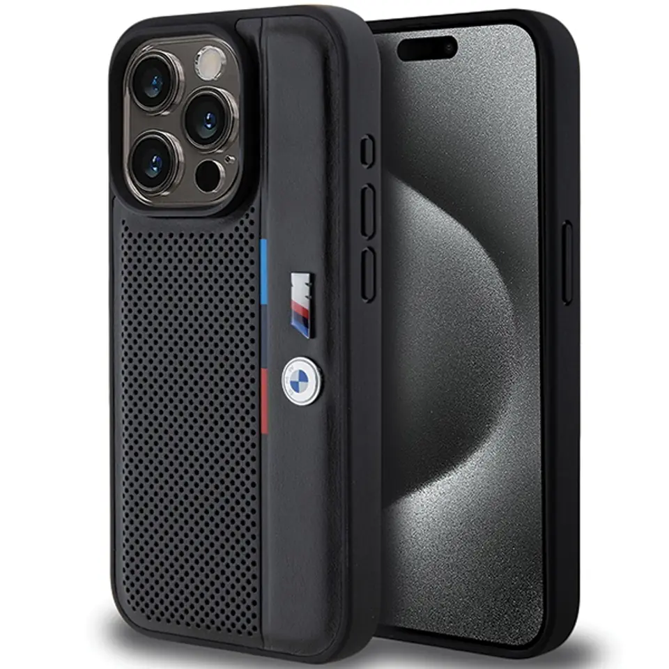 ⁨BMW BMHCP15X23PUPVK iPhone 15 Pro Max 6.7" czarny/black hardcase Perforated Tricolor Line⁩ w sklepie Wasserman.eu