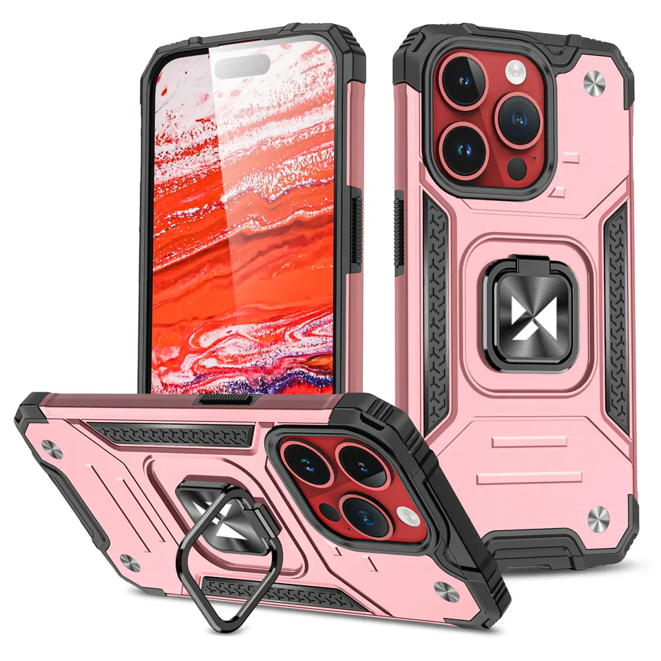 ⁨Pancerne etui z uchwytem na palec do iPhone 15 Pro Max Ring Armor różowe złoto⁩ w sklepie Wasserman.eu