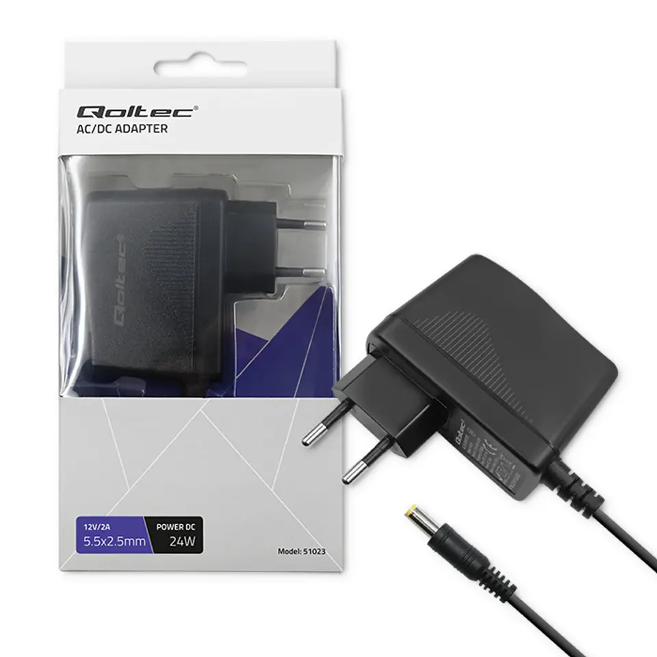 ⁨Qoltec 51023 power adapter/inverter Indoor 24 W Black⁩ at Wasserman.eu