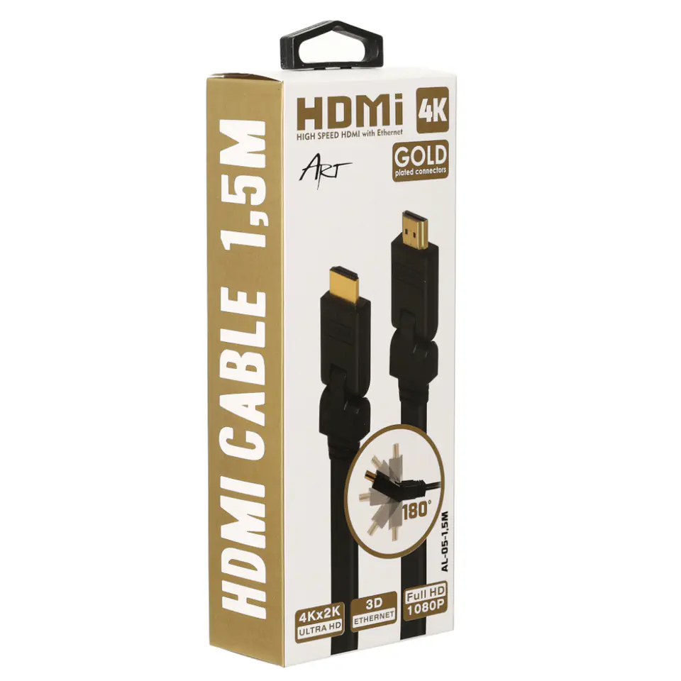 ⁨KABEL HDMI 2.0 M/M HQ pozłacany 1,5m ETHERNET 3D kątowy AL-05 ART⁩ w sklepie Wasserman.eu