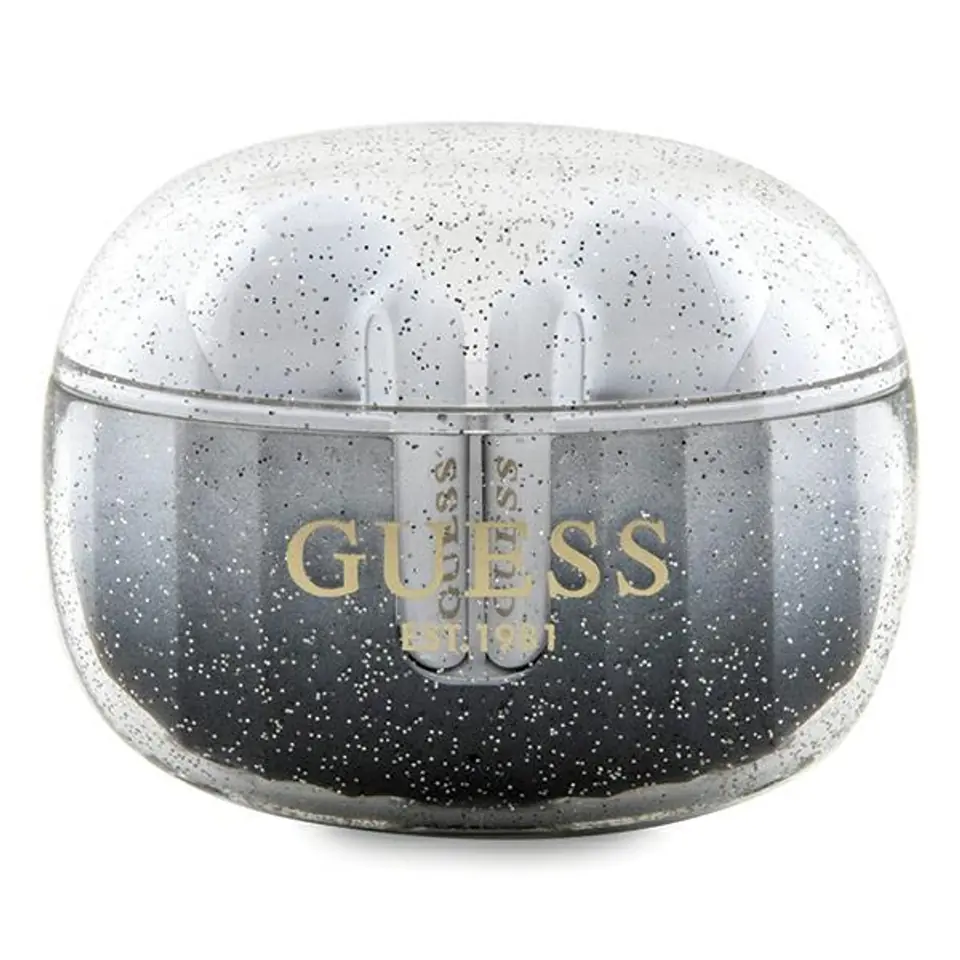 ⁨Guess słuchawki Bluetooth GUTWSHDGKEEK TWS + stacja dokująca czarny/black Glitter Gradient⁩ w sklepie Wasserman.eu