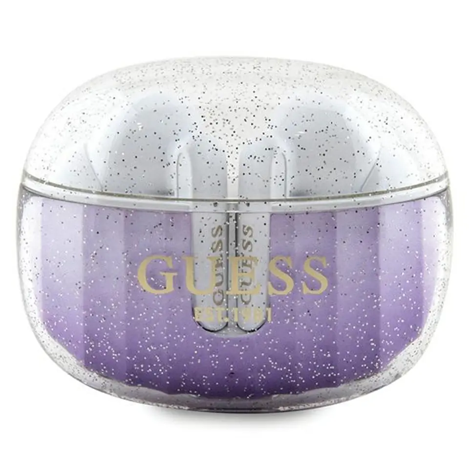 ⁨Guess słuchawki Bluetooth GUTWSHDGKEEU TWS + stacja dokująca fioletowy/purple Glitter Gradient⁩ w sklepie Wasserman.eu