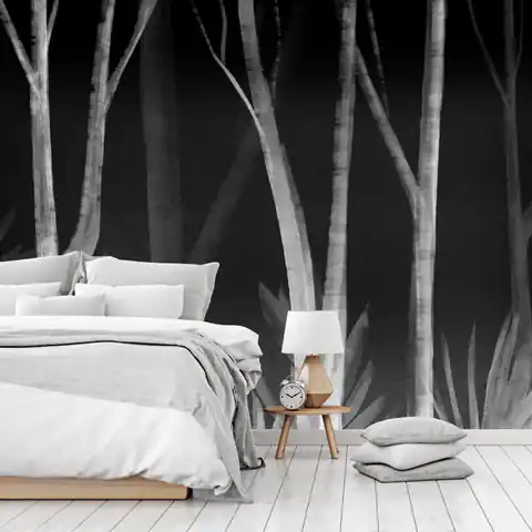 ⁨Fototapeta - Szum lasu nocą - minimalistyczny pejzaż białych drzew na czarnym tle⁩ w sklepie Wasserman.eu