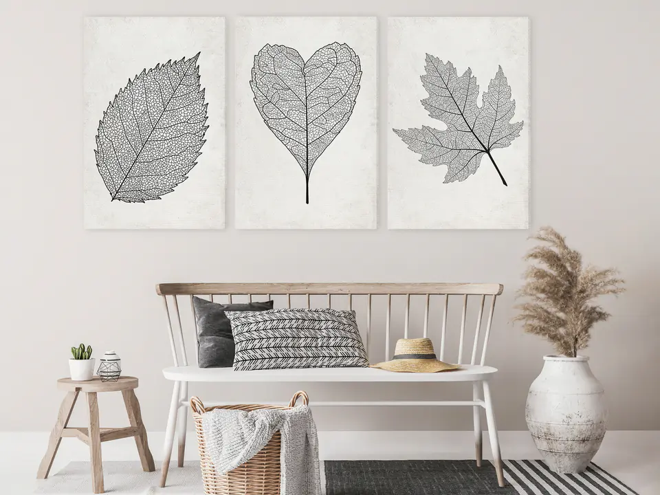 ⁨Obraz - Minimalistyczne liście (3-częściowy) (rozmiar 120x60, wykończenie Standard)⁩ w sklepie Wasserman.eu