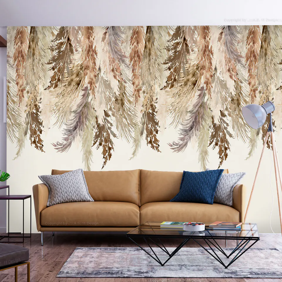 ⁨Fototapeta - Minimalistyczny pejzaż boho - zwisające liście w beżowych barwach (rozmiar 150x105, wykończenie Premium)⁩ w sklepie Wasserman.eu