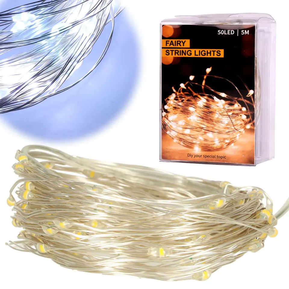 ⁨Lampki LED druciki dekoracyjne świąteczne choinkowe 5m 50LED zimny biały⁩ w sklepie Wasserman.eu