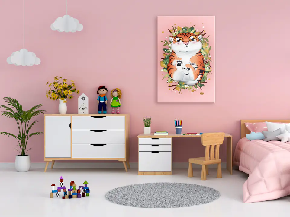 ⁨Obraz - Tygrysek na trawie (1-częściowy) pionowy (rozmiar 80x120, wykończenie Standard)⁩ w sklepie Wasserman.eu