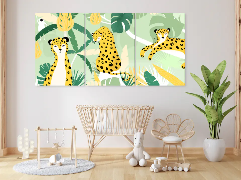 ⁨Obraz - Gepardy w dżungli (3-częściowy) (rozmiar 120x60, wykończenie Premium Print)⁩ w sklepie Wasserman.eu