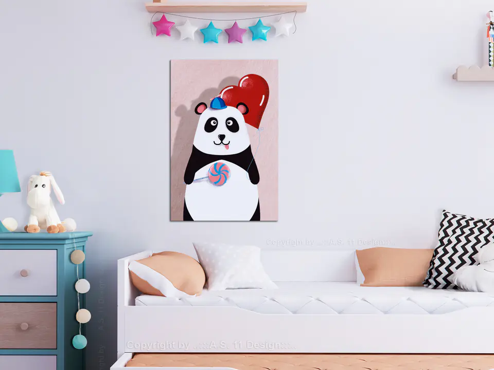 ⁨Obraz - Panda z balonikiem (1-częściowy) pionowy (rozmiar 80x120, wykończenie Standard)⁩ w sklepie Wasserman.eu