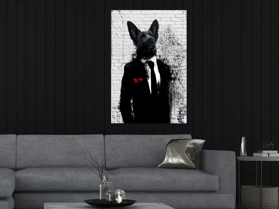 ⁨Obraz - Pies biznesmen (1-częściowy) pionowy (rozmiar 40x60, wykończenie Na płótnie włoskim)⁩ w sklepie Wasserman.eu