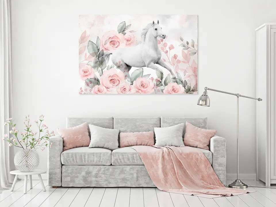 ⁨Obraz - Galop wśród róż (1-częściowy) szeroki (rozmiar 60x40, wykończenie Premium Print)⁩ w sklepie Wasserman.eu