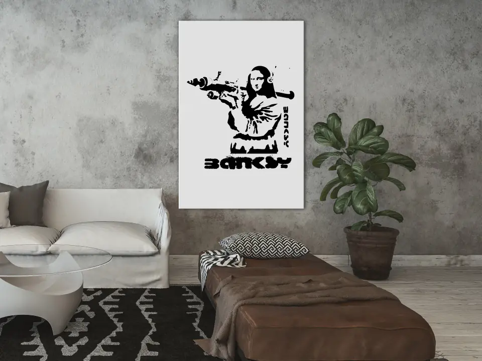 ⁨Obraz - Mona Lisa z bazuką (1-częściowy) pionowy (rozmiar 20x30, wykończenie Premium Print)⁩ w sklepie Wasserman.eu