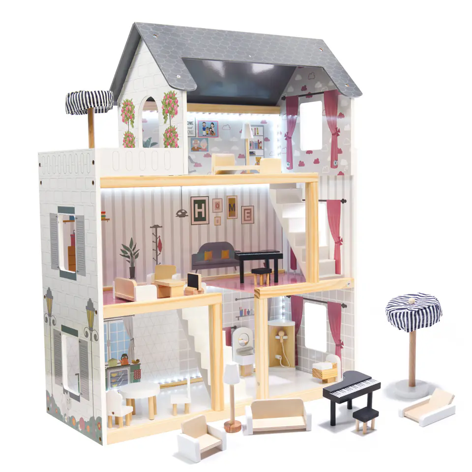 ⁨Dollhouse wooden MDF + furniture 78cm black LED⁩ at Wasserman.eu