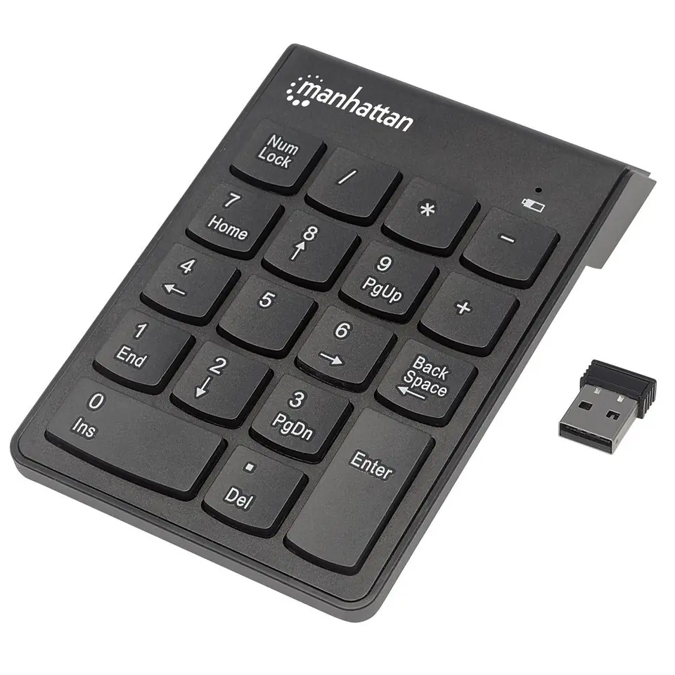 ⁨Manhattan Numeric Keypad, Wireless (2.4GHz), USB-A Micro Receiver, 18 Full Size Keys, Black, Membrane Key Switches, Auto Power Management, Range 10m, AAA Battery (included), Windows and Mac, Three Year Warranty, Blister⁩ at Wasserman.eu