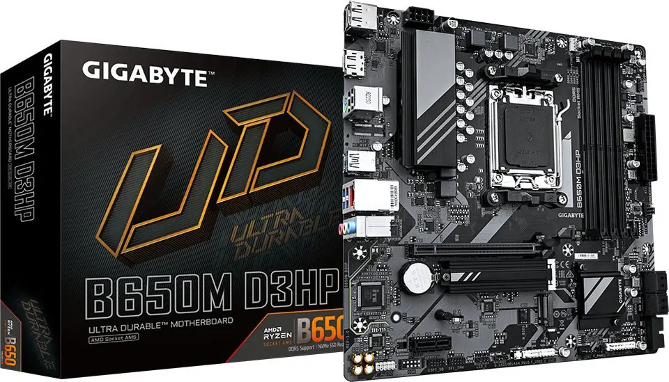 ⁨Gigabyte | B650M D3HP | Processor family AMD | Processor socket AM5 | DDR5 DIMM | Memory slots 1 | Supported hard disk drive interfaces SATA, M.2 | Number of SATA connectors 4 | Chipset AMD B650 | Micro ATX⁩ at Wasserman.eu