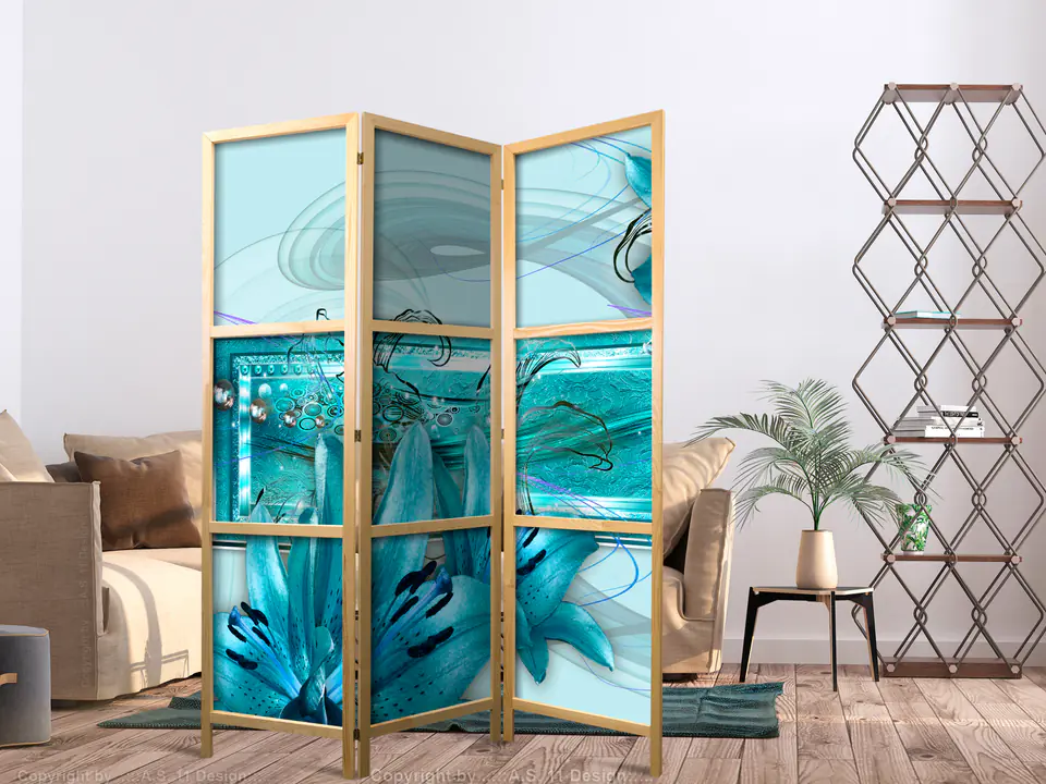 ⁨Parawan japoński - Lilie w błękicie I (rozmiar 135x172, wykończenie )⁩ w sklepie Wasserman.eu