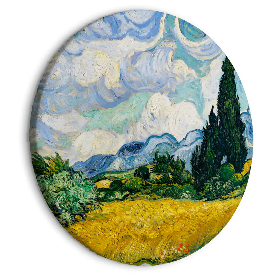 ⁨Obraz okrągły - Pole pszenicy z cyprysami (Vincent van Gogh) (rozmiar 60x60, wykończenie )⁩ w sklepie Wasserman.eu