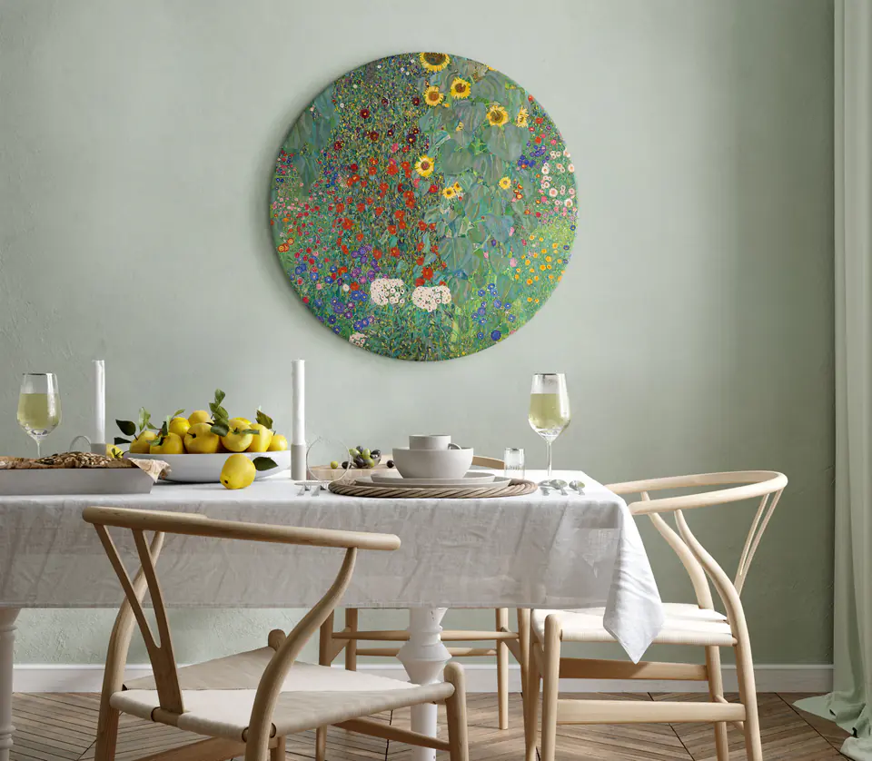 ⁨Obraz okrągły - Gustav Klimt – Ogród wiejski ze słonecznikami (rozmiar 60x60, wykończenie )⁩ w sklepie Wasserman.eu