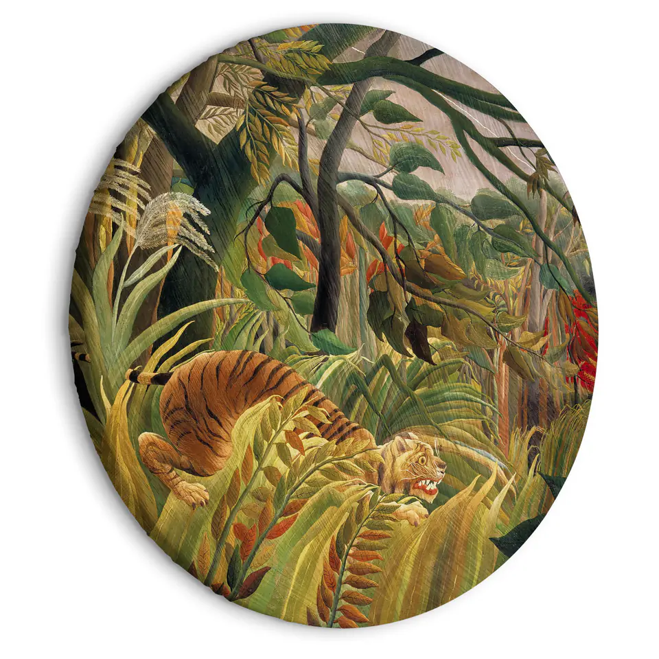⁨Obraz okrągły - Tygrys podczas burzy tropikalnej (Henri Rousseau) (rozmiar 80x80, wykończenie )⁩ w sklepie Wasserman.eu