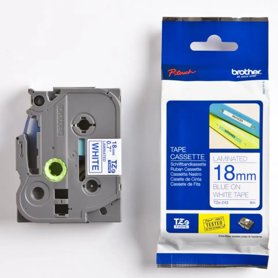 ⁨Brother oryginalny taśma do drukarek etykiet, Brother, TZE-243, niebieski druk/biały podkład, laminowane, 8m, 18mm⁩ w sklepie Wasserman.eu