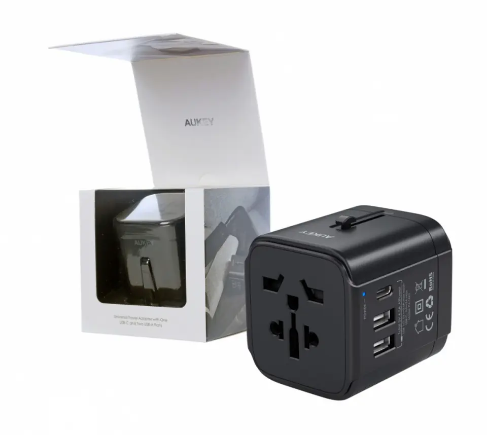 ⁨AUKEY PA-TA01 Universal Travel Adapter Charger with USB-C & USB-A UK USA EU AUS CHN 150 Countries⁩ at Wasserman.eu