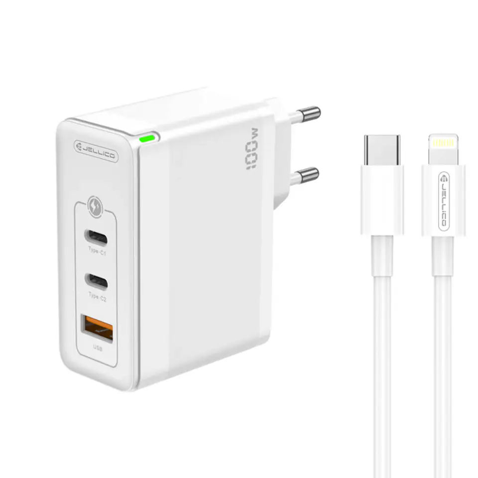 ⁨Ładowarka Sieciowa GaN 100W 1x QC3.0 USB + 2x PD USB-C Jellico C118 + Kabel USB-C - Lightning białe⁩ w sklepie Wasserman.eu