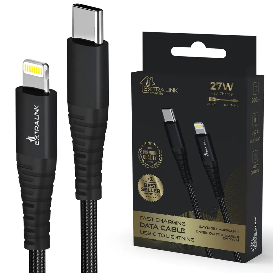 ⁨EXTRALINK SMART LIFE CABLE 27W, USB-C - LIGHTNING, FAST CHARGING, 200CM, NYLON BRAIDED, BLACK, CABESL03⁩ w sklepie Wasserman.eu