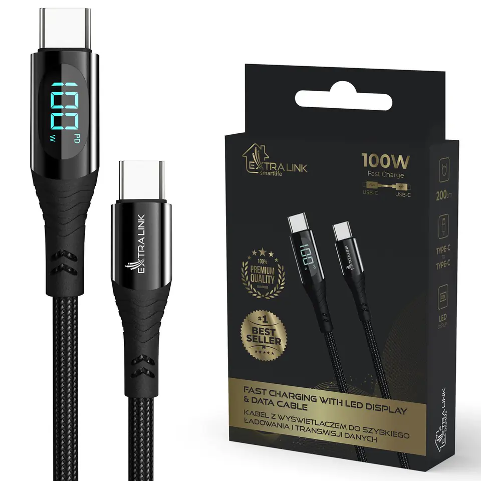 ⁨EXTRALINK SMART LIFE CABLE 100W USB-C - USB-C, FAST CHARGING WITH DISPLAY, 200CM, NYLON BRAIDED, BLACK, CABESL04⁩ w sklepie Wasserman.eu