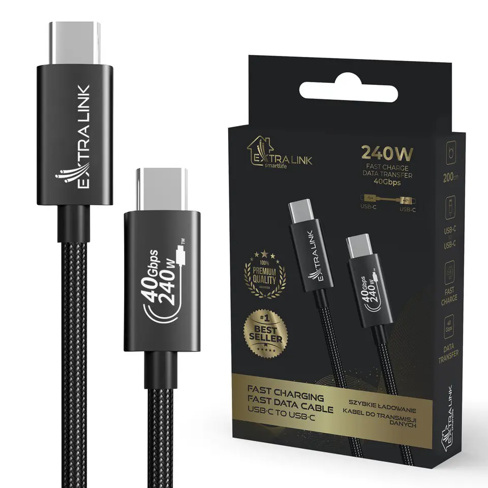 ⁨EXTRALINK SMART LIFE CABLE 240W USB-C - USB-C, 40GBPS, 200CM, NYLON BRAIDED, BLACK, CABESL05⁩ w sklepie Wasserman.eu