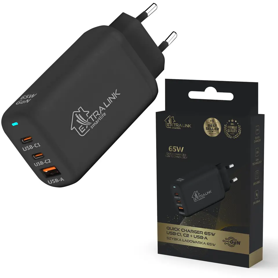 ⁨EXTRALINK SMART LIFE GAN CHARGER 65W, 2xUSB-C+USB-A, BLACK, CHARESL02⁩ w sklepie Wasserman.eu