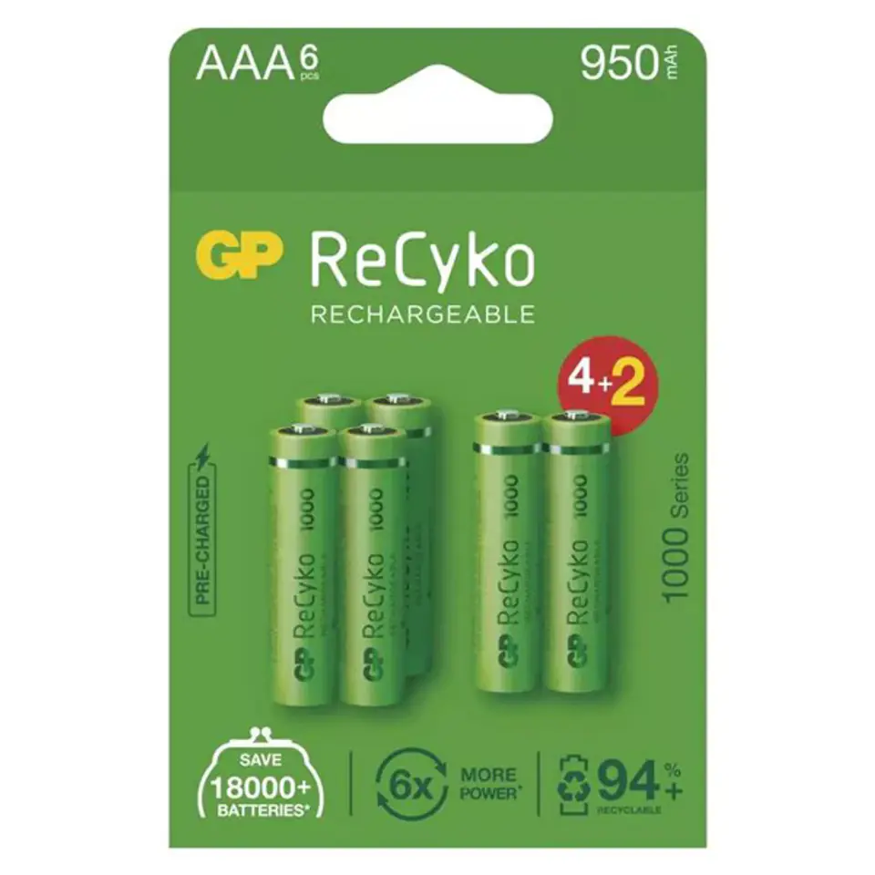 ⁨Akumulatorki, AAA (HR03), 1.2V, 950 mAh, GP, kartonik, 6-pack, ReCyko⁩ w sklepie Wasserman.eu