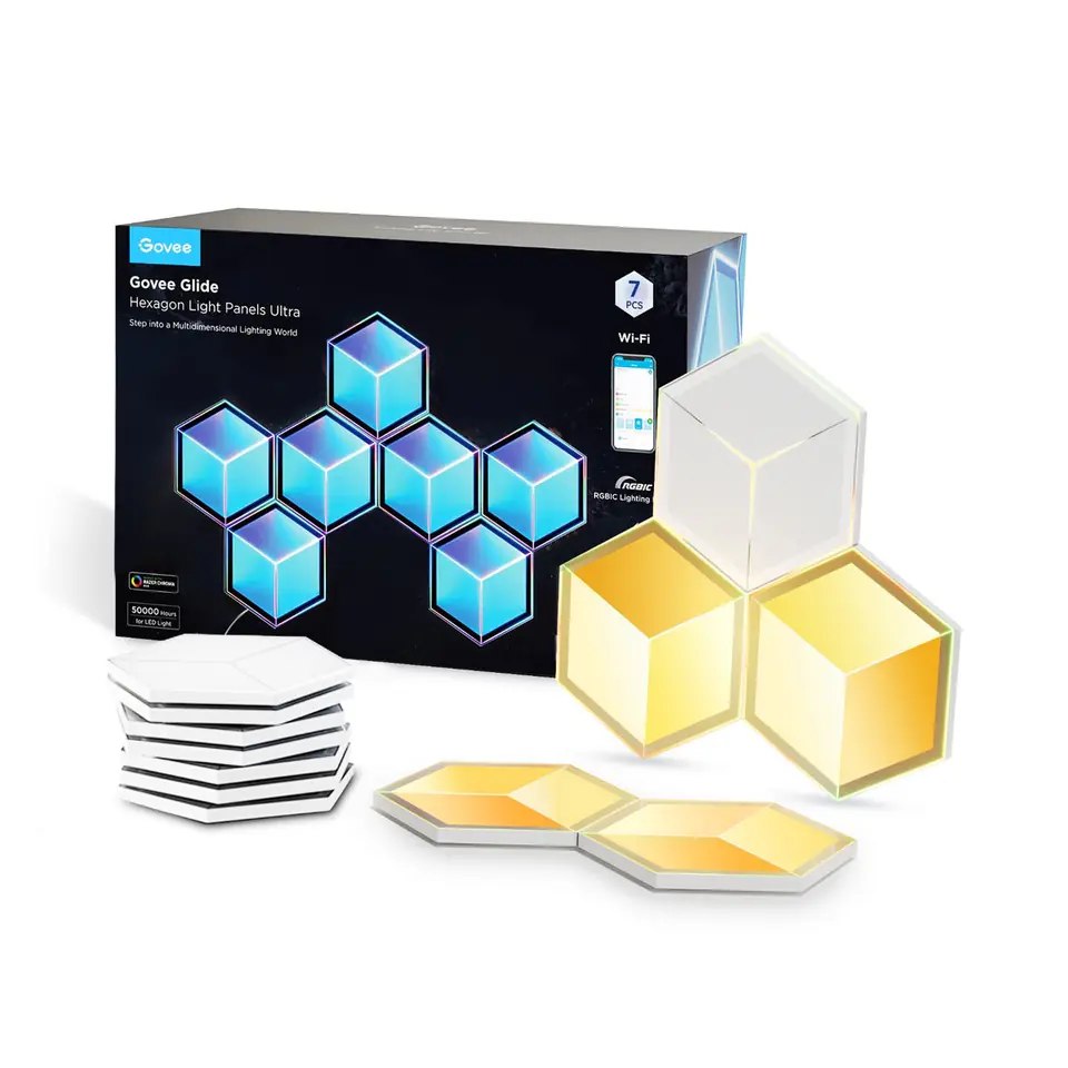 ⁨Govee H606A Glide Hexagon Light Panels Ultra 7-pack | LED Lighting | RGBIC, 2.4GHz Wi-Fi, Bluetooth⁩ at Wasserman.eu