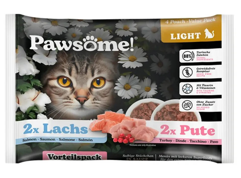 ⁨Pawsome Adult Light Lachs/Pute - łosoś/indyk saszetki 4x85g⁩ w sklepie Wasserman.eu