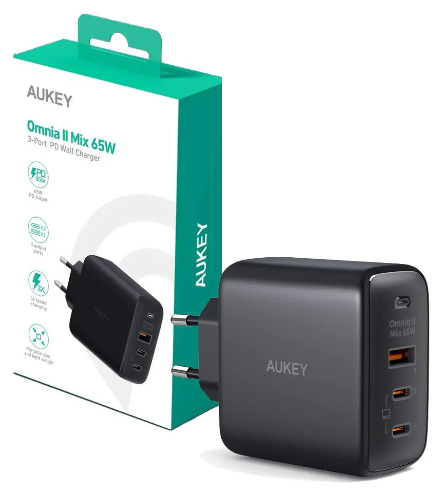 ⁨AUEKY Omnia II Mix PA-B6T Wall charger 1x USB 2x USB-C Power Delivery 3.0 65W Black⁩ at Wasserman.eu