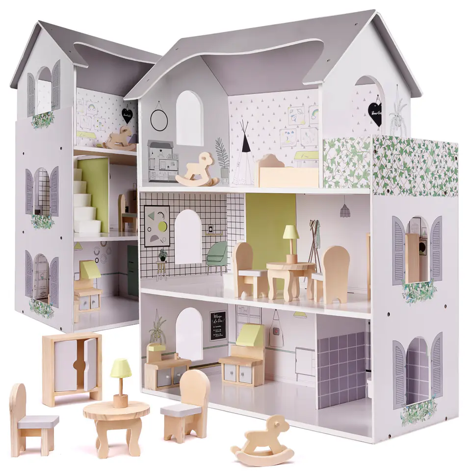 ⁨Dollhouse wooden + furniture 70cm gray⁩ at Wasserman.eu