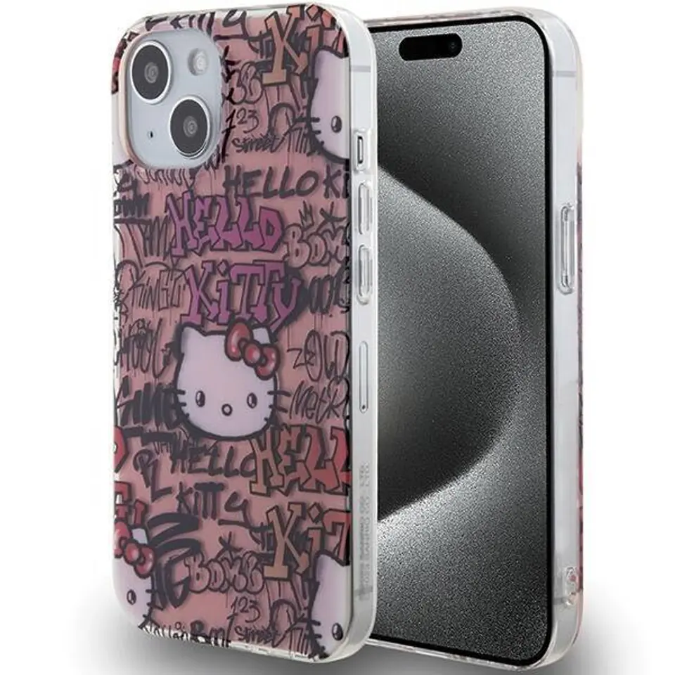 ⁨Oryginalne Etui IPHONE 13 / 14 / 15 Hello Kitty Hardcase IML Tags Graffiti (HKHCP15SHDGPTP) różowe⁩ w sklepie Wasserman.eu