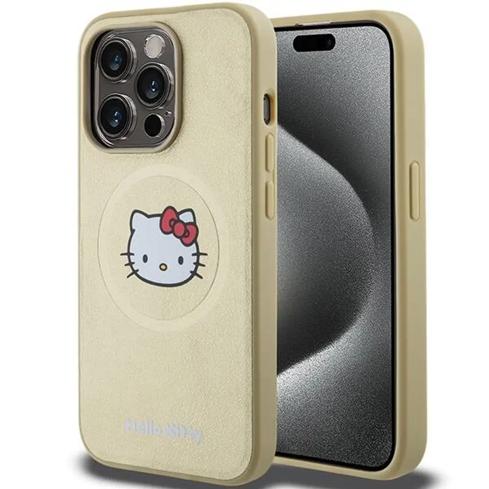 ⁨Oryginalne Etui IPHONE 13 PRO Hello Kitty Hardcase Leather Kitty Head MagSafe (HKHMP13LPGHCKD) złote⁩ w sklepie Wasserman.eu