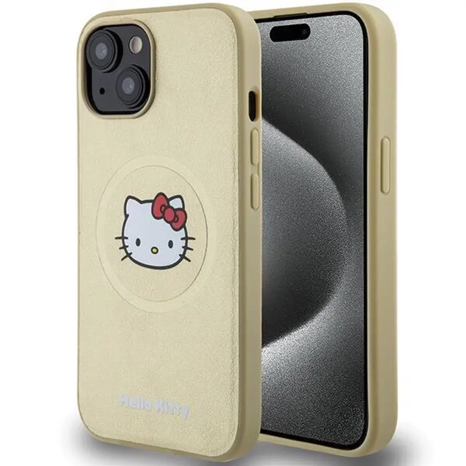 ⁨Oryginalne Etui IPHONE 13 / 14 / 15 Hello Kitty Hardcase Leather Kitty Head MagSafe (HKHMP14SPGHCKD) złote⁩ w sklepie Wasserman.eu