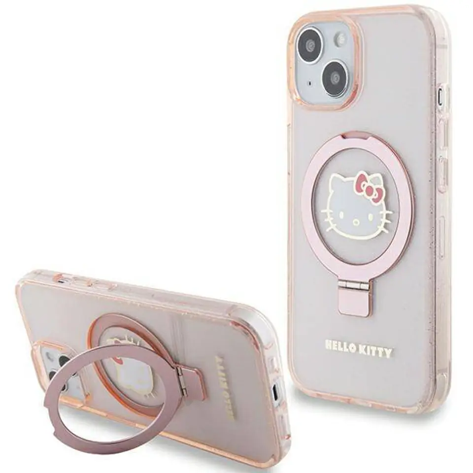 ⁨Oryginalne Etui IPHONE 13 / 14 / 15 Hello Kitty Hardcase Ring Stand Glitter Electrop Logo MagSafe (HKHMP15SHRSGEP) różowe⁩ w sklepie Wasserman.eu