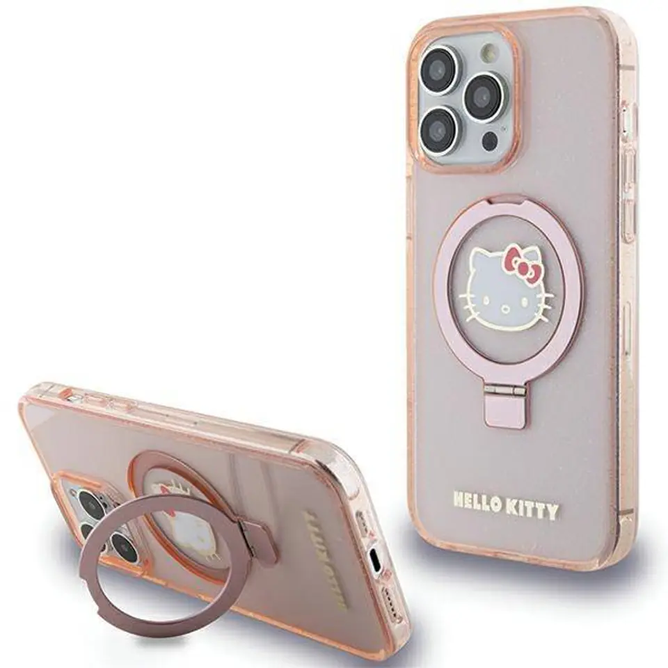 ⁨Oryginalne Etui APPLE IPHONE 15 PRO MAX Hello Kitty Hardcase Ring Stand Glitter Electrop Logo MagSafe (HKHMP15XHRSGEP) różowe⁩ w sklepie Wasserman.eu