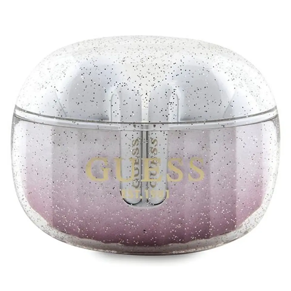 ⁨Guess słuchawki Bluetooth GUTWSHDGKEEPTWS + stacja dokująca różow/pink Glitter Gradient⁩ w sklepie Wasserman.eu