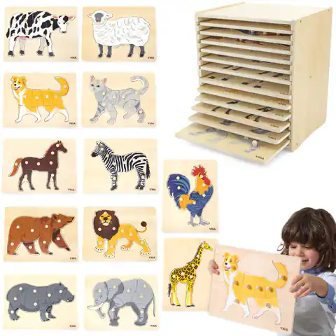 ⁨VIGA Zestaw Puzzle Drewniane 12 Układanek Zwierzątka Montessori + Stojak⁩ w sklepie Wasserman.eu
