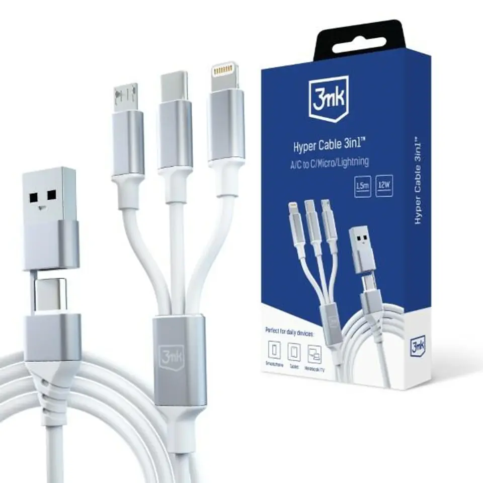 ⁨3MK Hyper Cable 3w1 USB-A/USB-C -USB-C/Micro/Lightning 1.5m Biały/White Kabel⁩ w sklepie Wasserman.eu